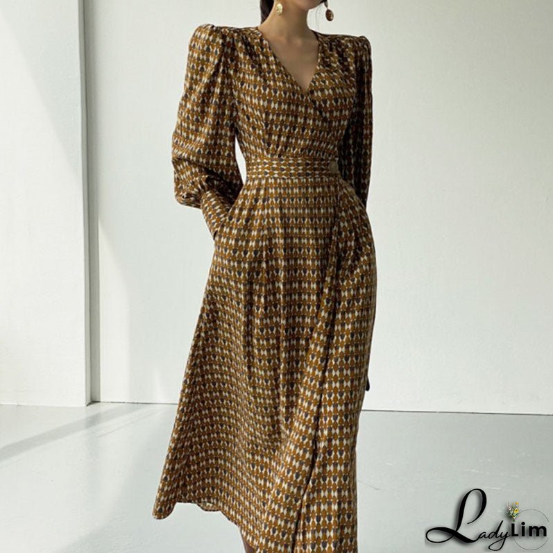 Chic Dress with One-Button Waist Closure and Cross V-Neck