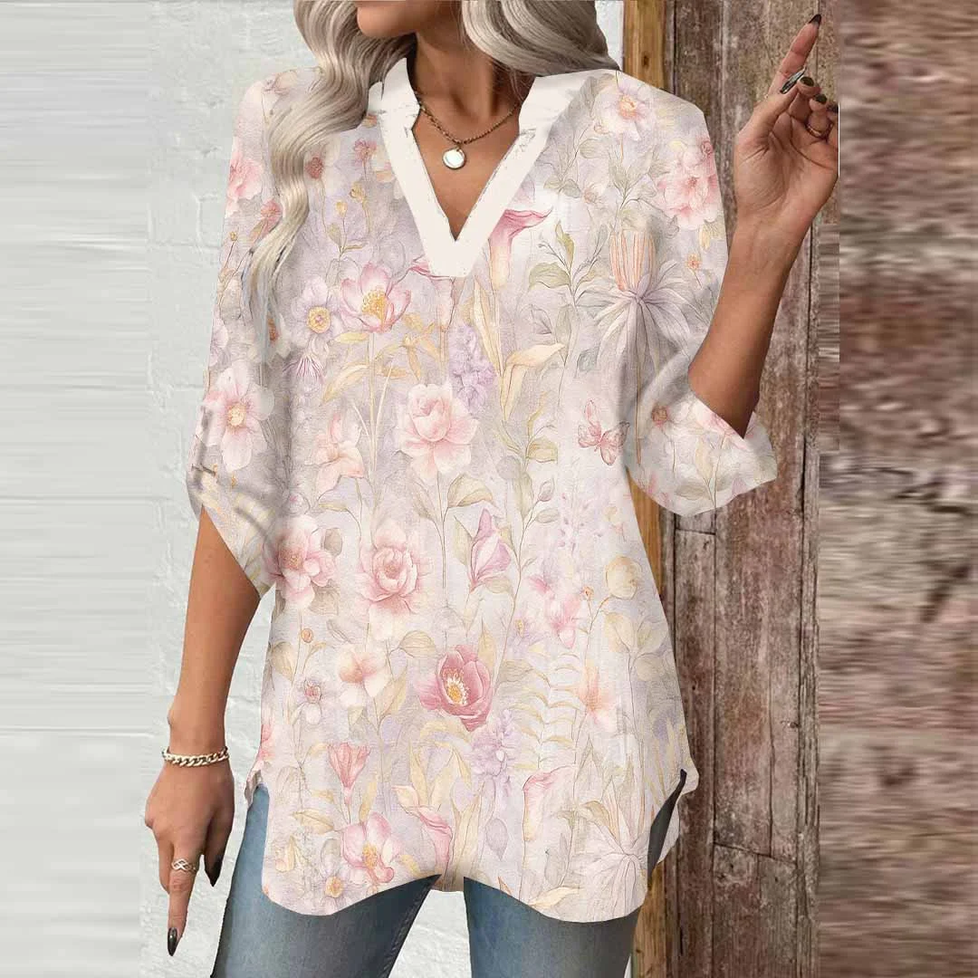 Women Floral, Pink DZGA0593 3/4 Sleeve V-neck Printed Graphic Button Tops