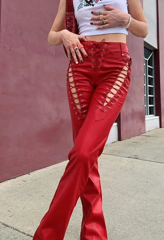 Cut-out Lace Up Pu Leather Pants