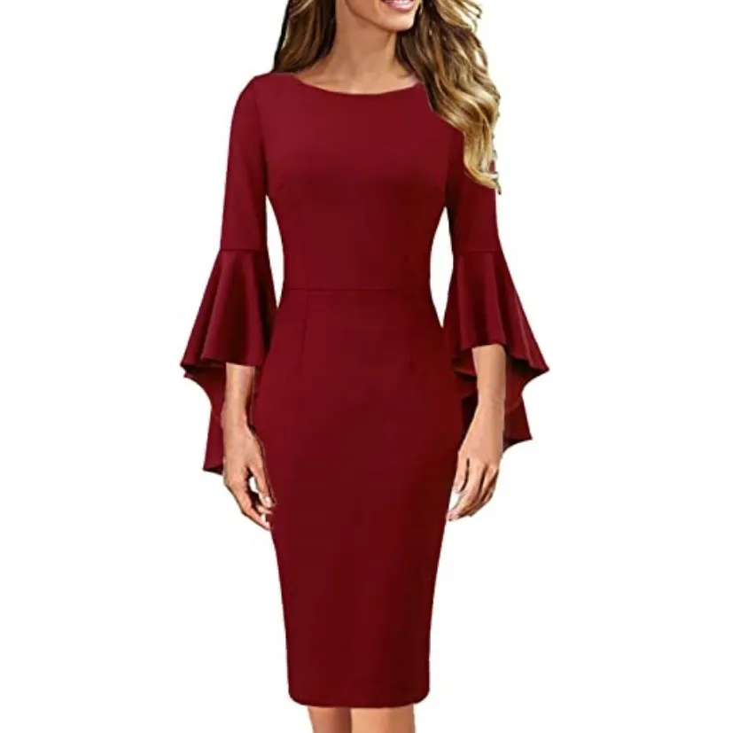 Women's Round Neck Layered Flare Sleeve Formal Bodycon Midi Dress