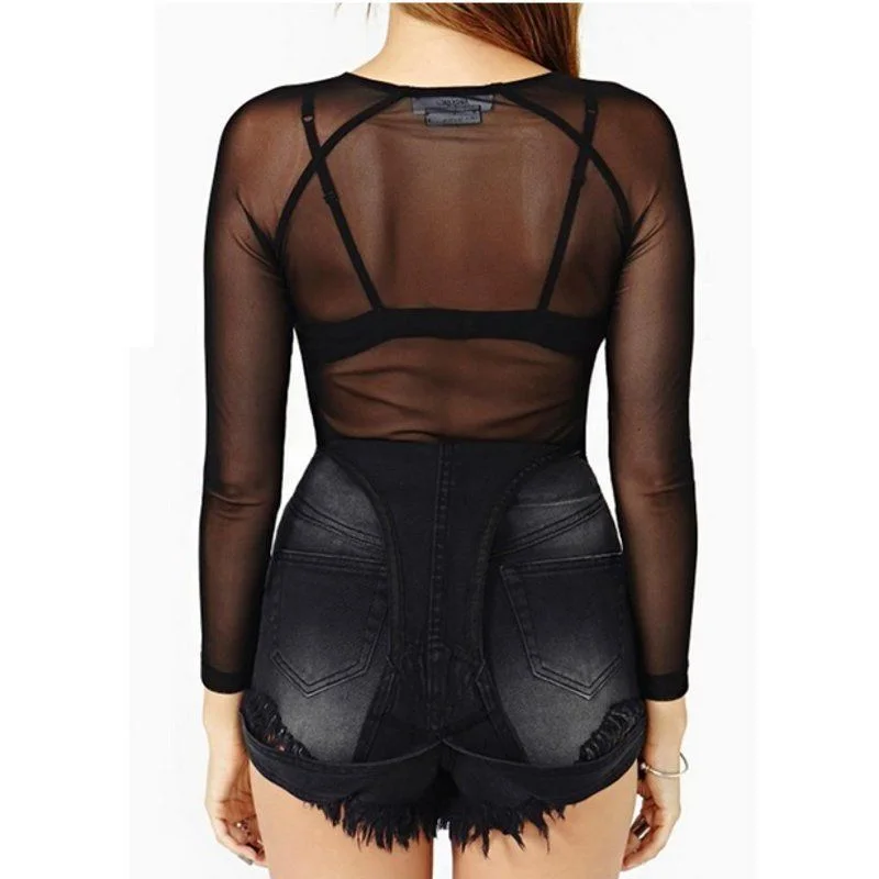 Churchf Churchf And Autumn Black Full Transparent Net Yarn Bottom Shirt Female Long Sleeve Sexy Perspective Thin Net Shirt Super Elastic Gauze Clothes