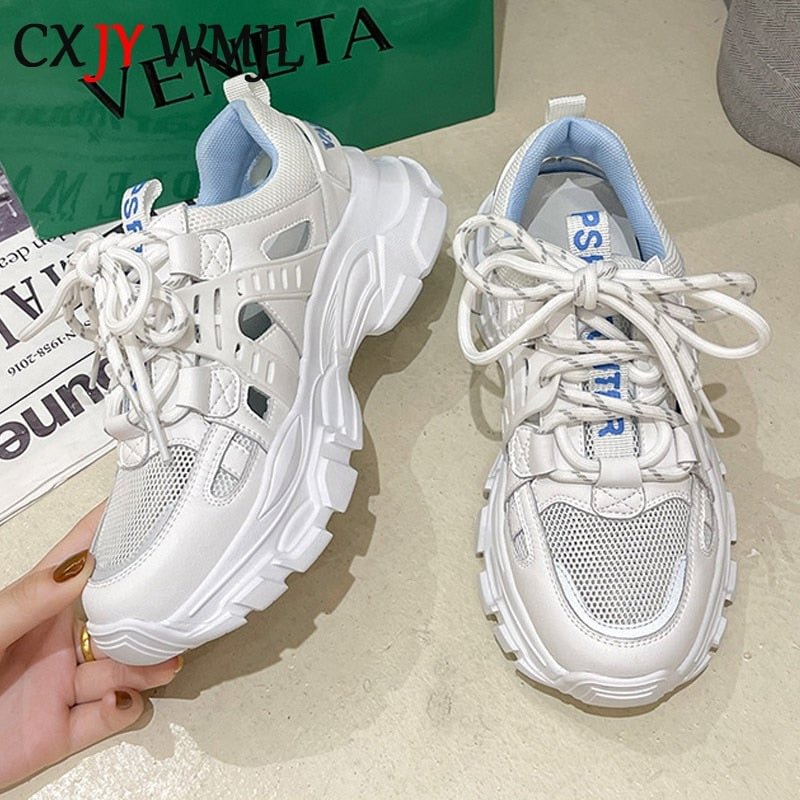 CXJYWMJL 2021 Summer Breathable Sneakers Shoes For Women Vulcanized Lace Up Sneakers Ladies Mesh Platform Sport Tennis Female