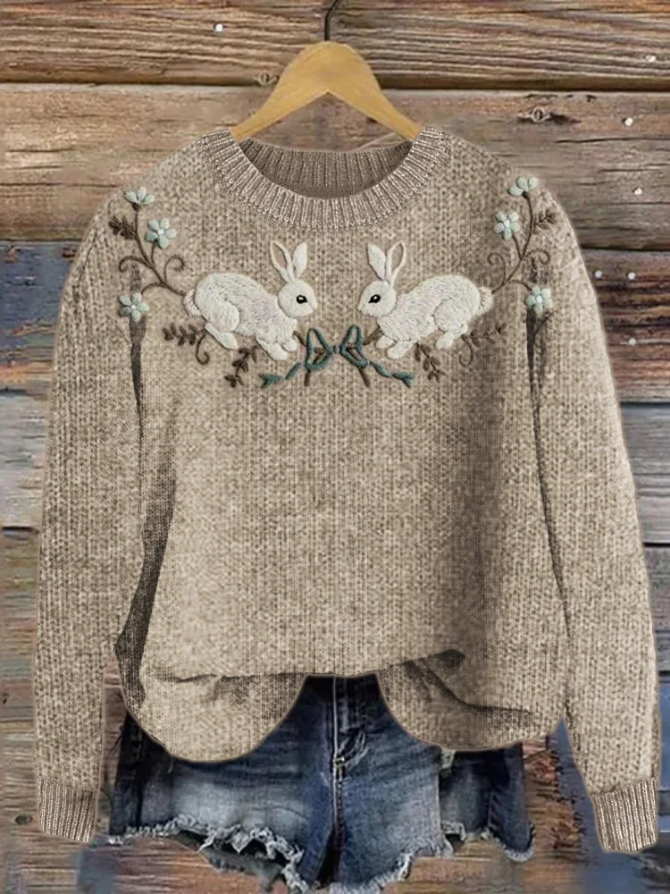 VChics Cottage Bunny Floral Embroidery Cozy Knit Sweater