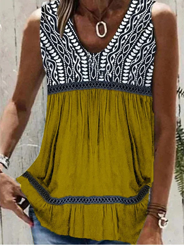 Women's Casual Printed Sleeveless O-neck Tops Blouse Vest