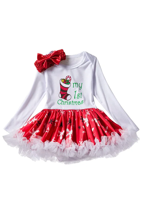 Long Sleeve Bowknot Stocking Snowflake Print Kids Christmas Dress White-elleschic