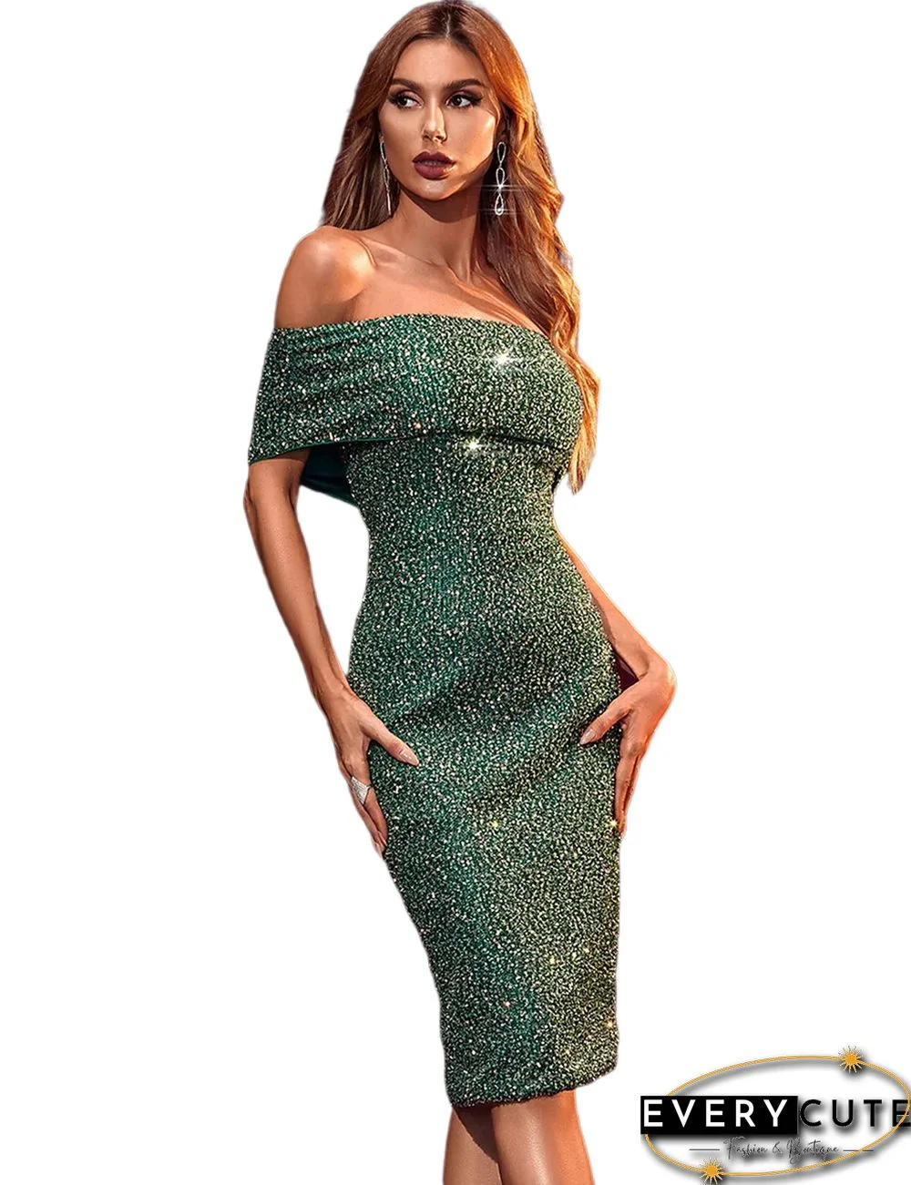 Green Sequined Off Shoulder A Line Pencil Dress