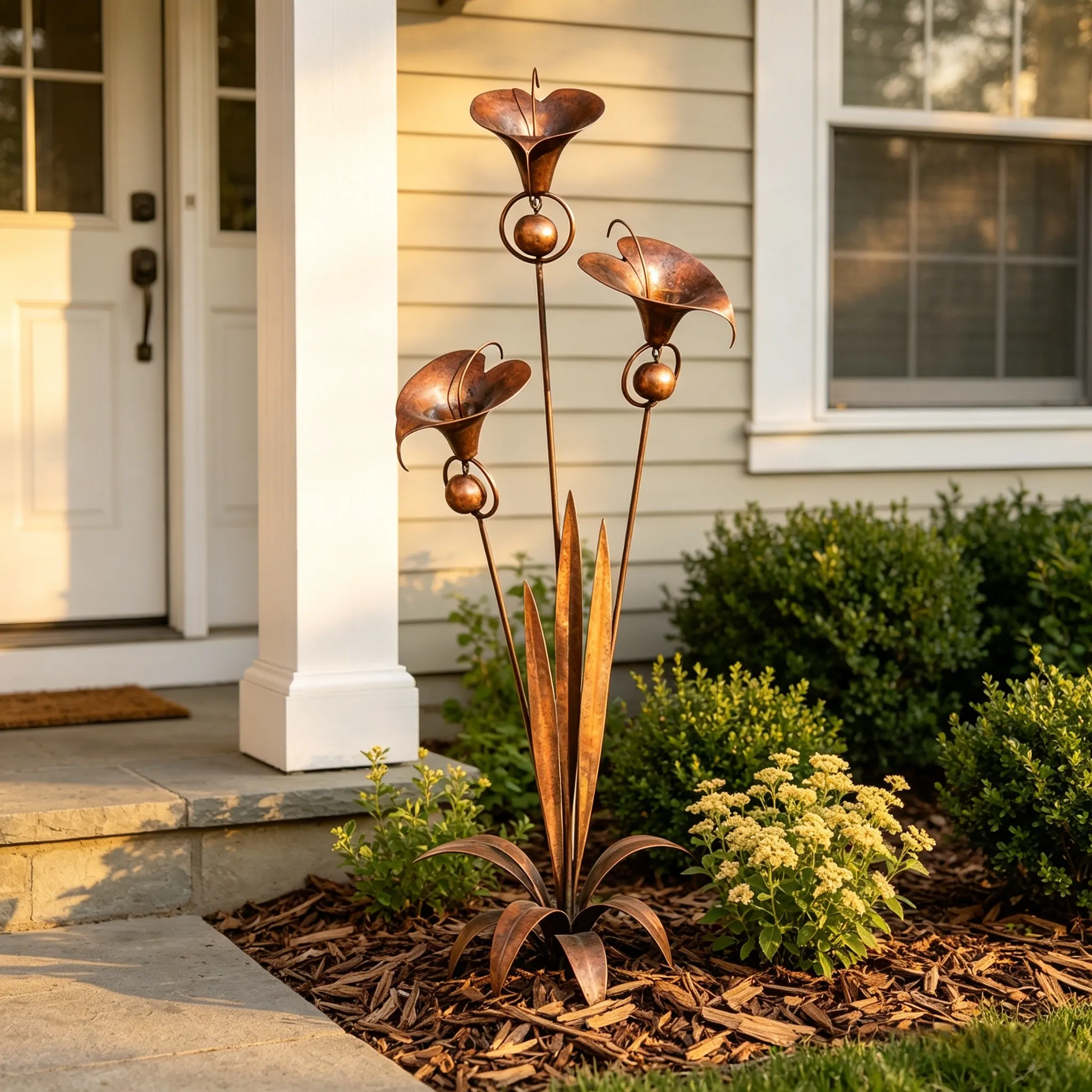Flamed Copper Three Calla Lilies Garden Stake with Bells, 28" Handcrafted Outdoor Yard Art