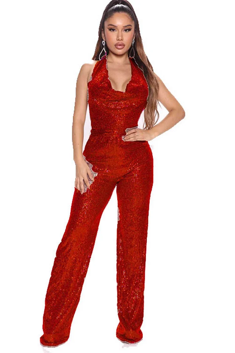 Backless Halter Lace Up Sleeve Jumpsuit-Champagne