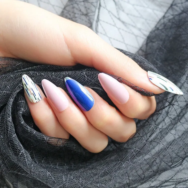 Fake Nails with Glue Metal Color False Nail Art Tips Press on Coffin Stick Designs Clear Set Full Cover Artificial Short Kiss-Nail Inspo