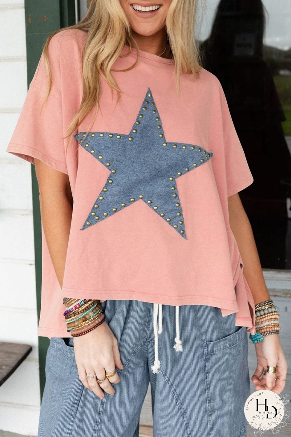 Apricot Pink Star Patch Graphic Tee with Studded Detail