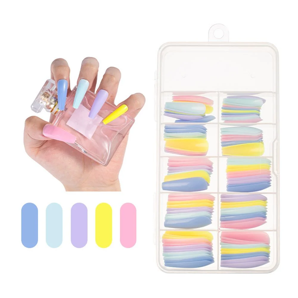 100Pcs Colorful Acrylic False Long Coffin Nails Fake Nails Flat Shape Art Tips Natural Full Cover Fake Nail Tips Manicure Tools