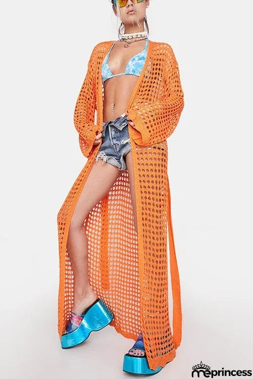 Knitted Pierced Solid Color Beach Coat
