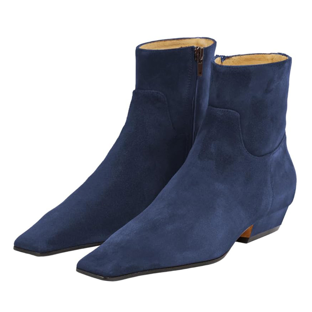 Faux Suede Sophisticated Square-Toe Side-Zip Ankle Boots in Blue