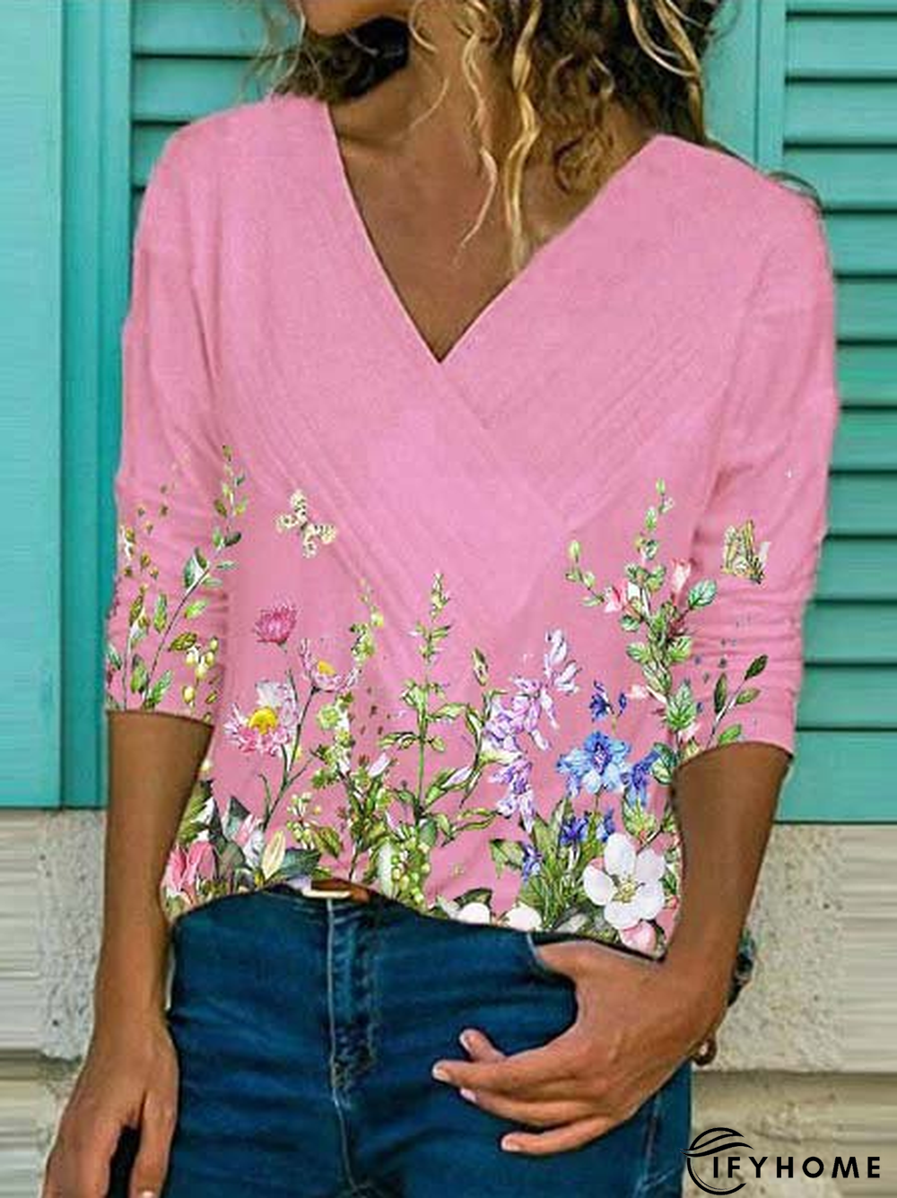 V Neck Long Sleeve Cotton-Blend Floral-Print T-shirt | IFYHOME