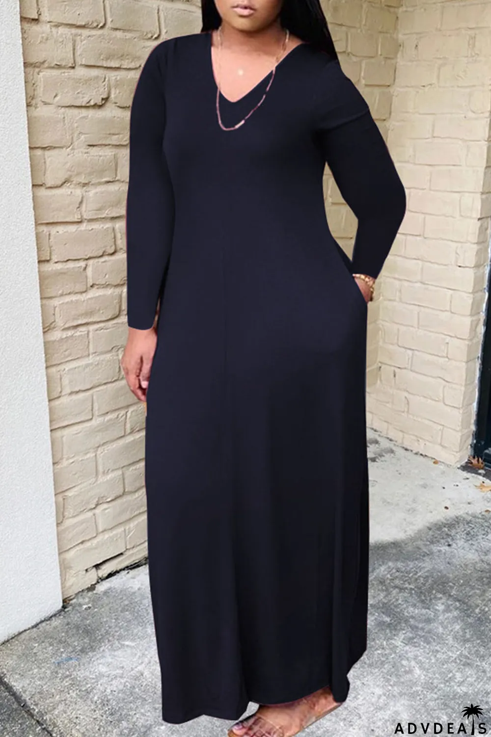 Grey Casual Solid Patchwork V Neck Long Sleeve Plus Size Dresses