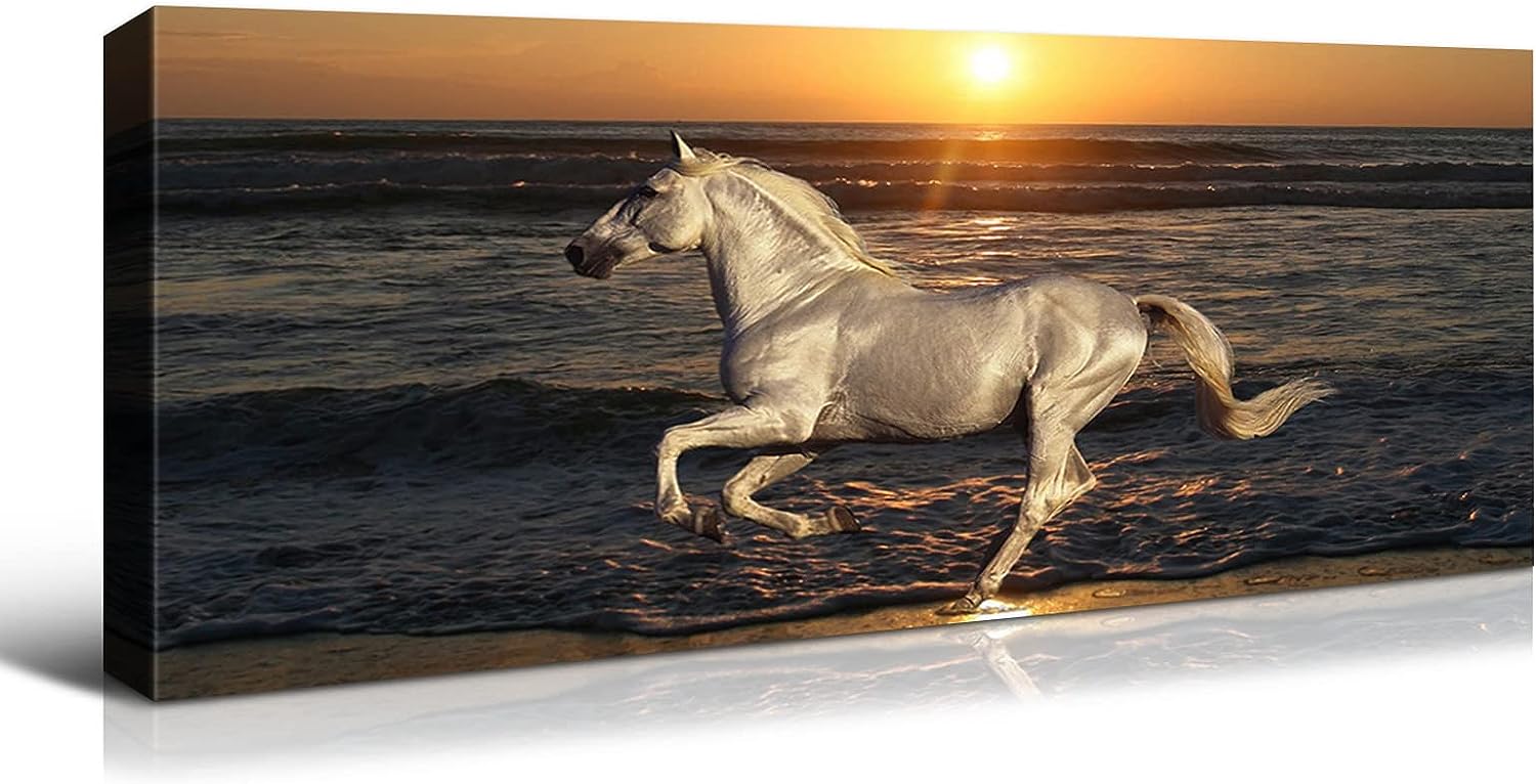 YONICA Wall Canvas Animal Painting, Wall Painting Art Decor Prints Picture of Horse Riding At the Beach Framed Stretched Printed on Canvas for Home Living Room Bedroom Office 20 X 40 Inches 20 X 40 inches