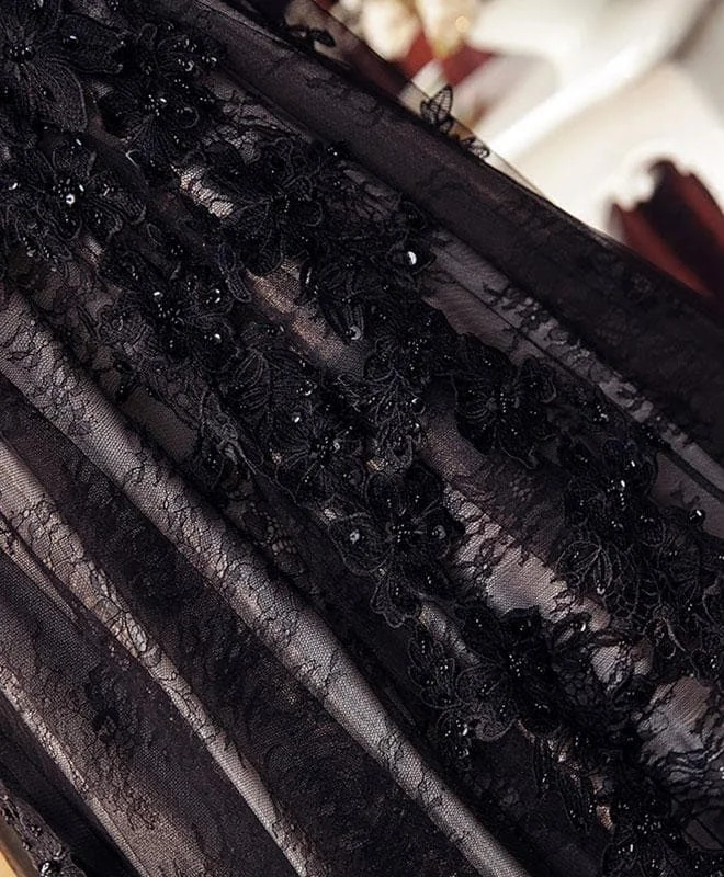 Black Lace Tulle Long A Line Prom Dress, Black Evening Dress