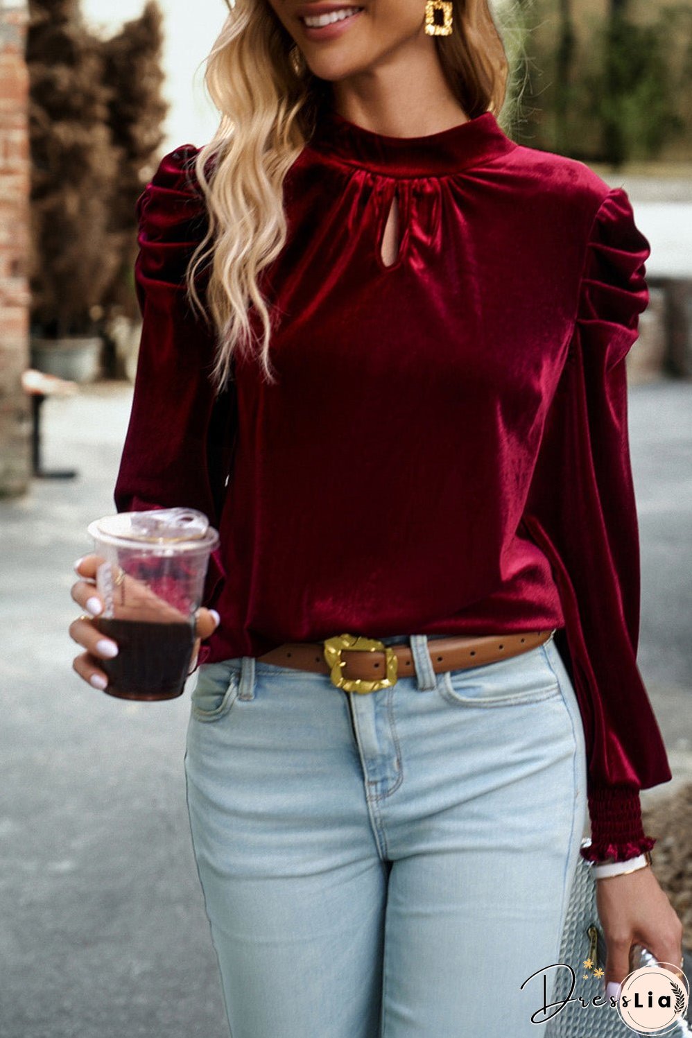 Tie Up Mock Neck Velvet Fabric Long Sleeve Blouse