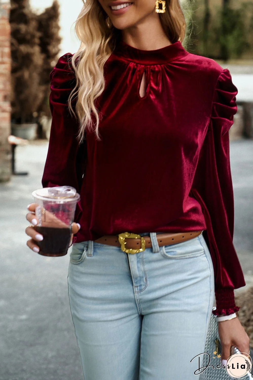 Tie Up Mock Neck Velvet Fabric Long Sleeve Blouse