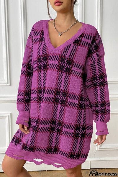 Plaid V-Neck Long Sleeve Sweater Dress
