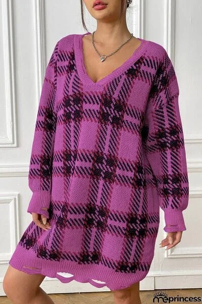 Plaid V-Neck Long Sleeve Sweater Dress