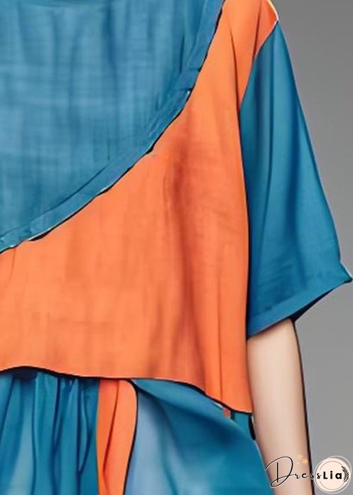 Loose Blue O Neck Asymmetrical Patchwork Cotton Top Summer