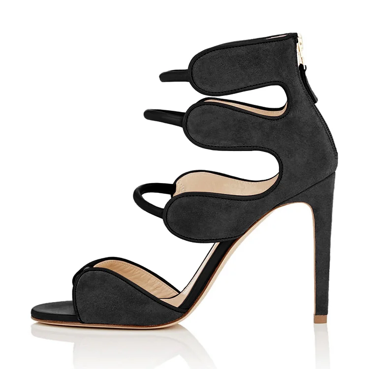 Women's Black Open Toe Strappy Hollow Out  Stiletto Heels  Sandals |FSJ Shoes