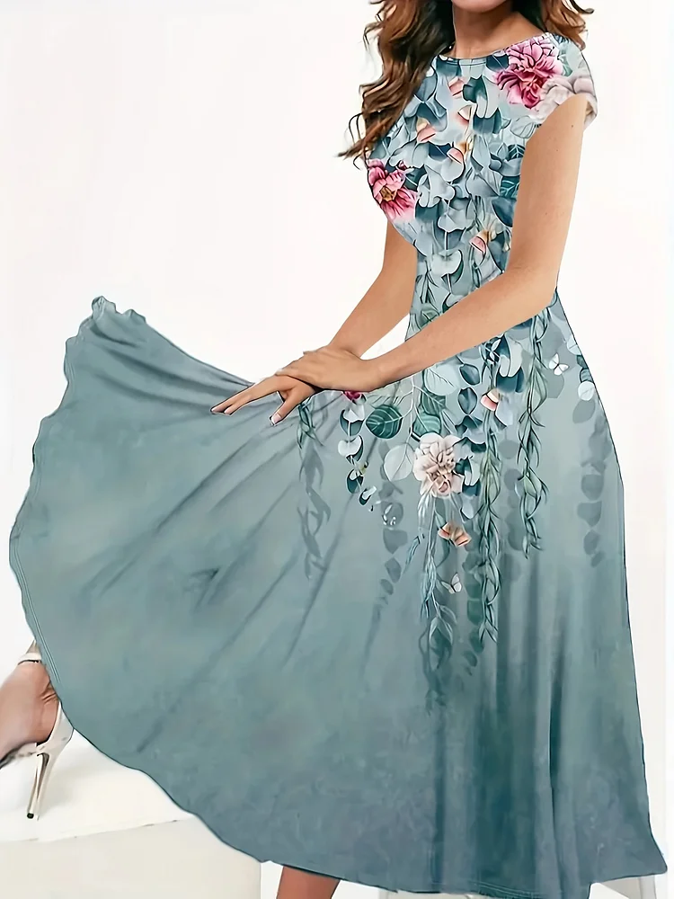 Elegant bohemian resort gown with large skirt printed dress
