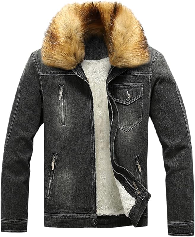 men's Winter Jean Jacket Outerwear Warm Denim Coat Thicker Fleece Lining Fur Collar Jacket