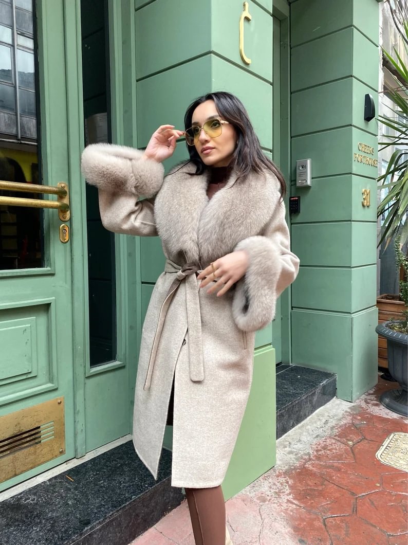 Alpacan women's jacket with %100 alpacan and fox fur collar.Fox Fur Coat Women - Long Winter Coats - Fur jacket Womens 140