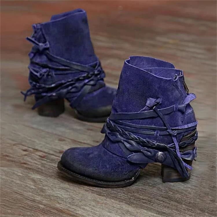 Women Ankle Boots Chunky Heel Boots 2020 Autumn Winter Retro Tassel Braided Ladies Casual Boots Pointed Toe Slip On Short Bootie
