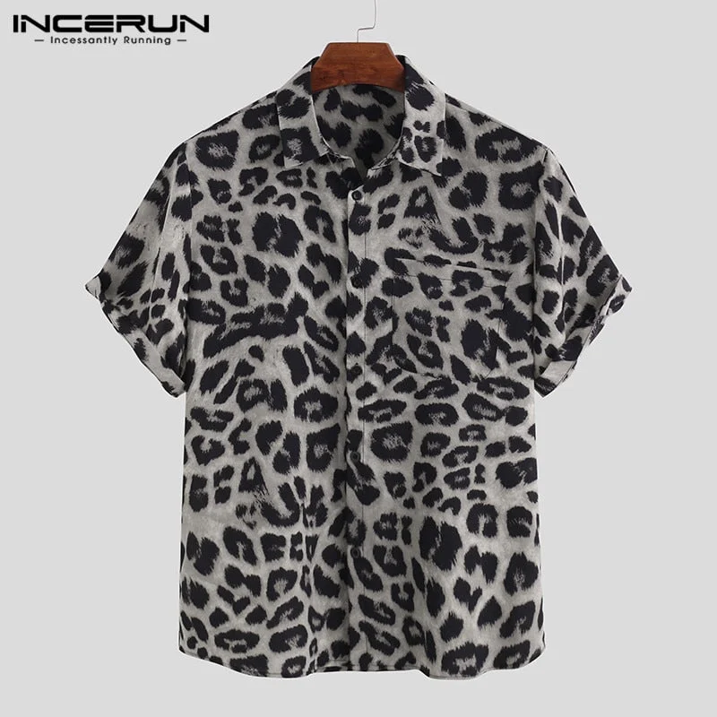 Casual Leopard Printed Men Shirt Short Sleeve Party 2022 Camisa Lapel Summer Fashion Mens Hawaiian Shirts Streetwear INCERUN 5XL