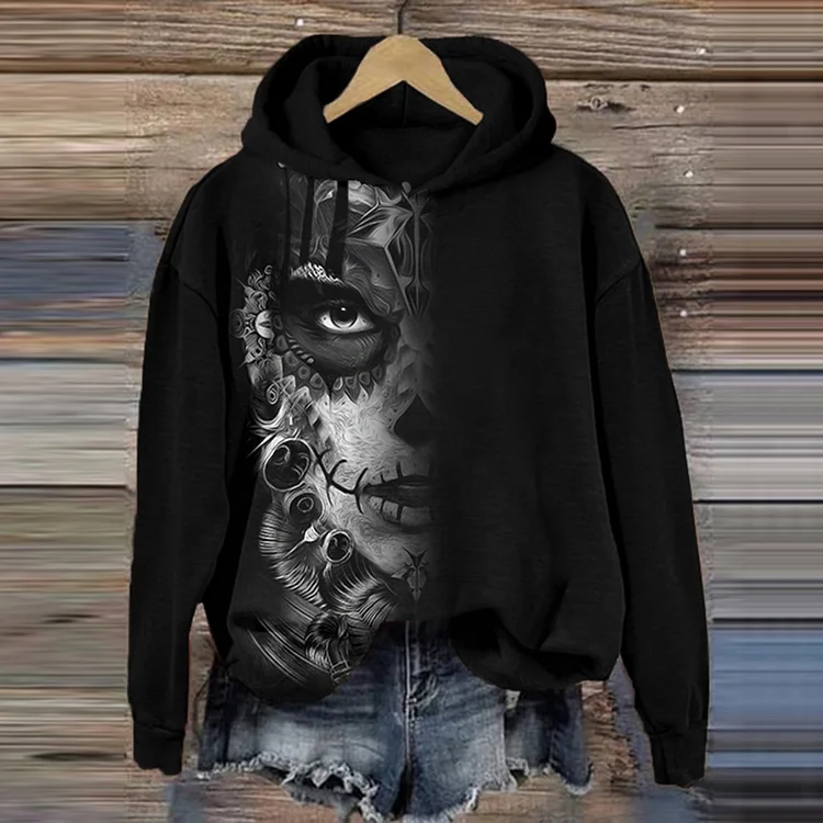 Day Of The Dead Skull Dark Print Long Sleeve Casual Hoodie
