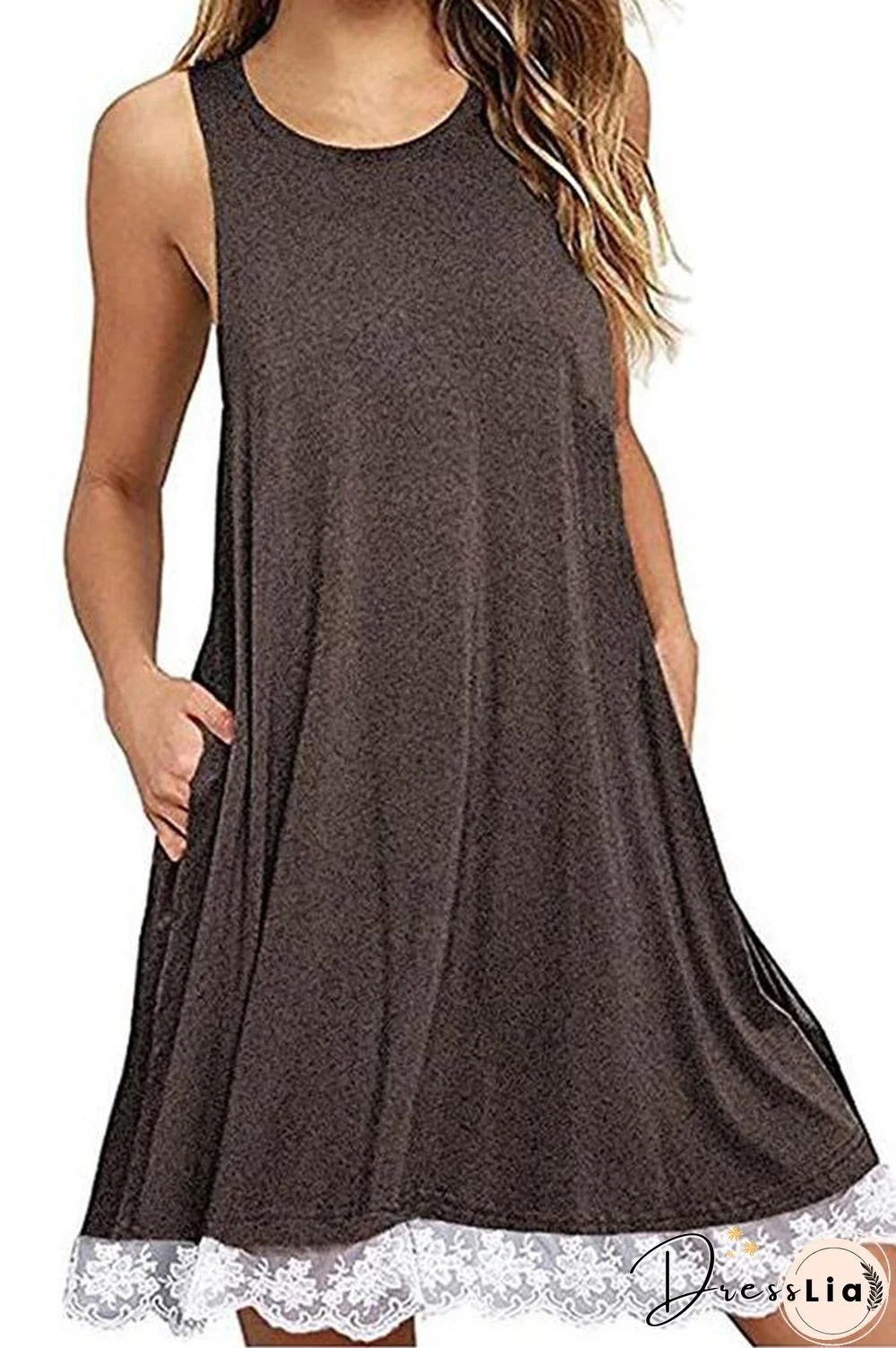 Solid Color Sleeveless Lace Dress