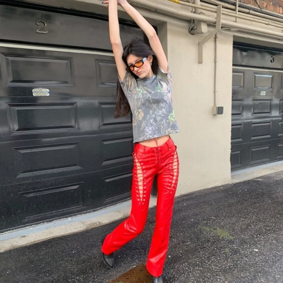 Yiallen Hollow Out Bandage Hipster Straight Trousers Women 2021 New Faux PU Leather Solid Fashion Street Style Pants Female Hot