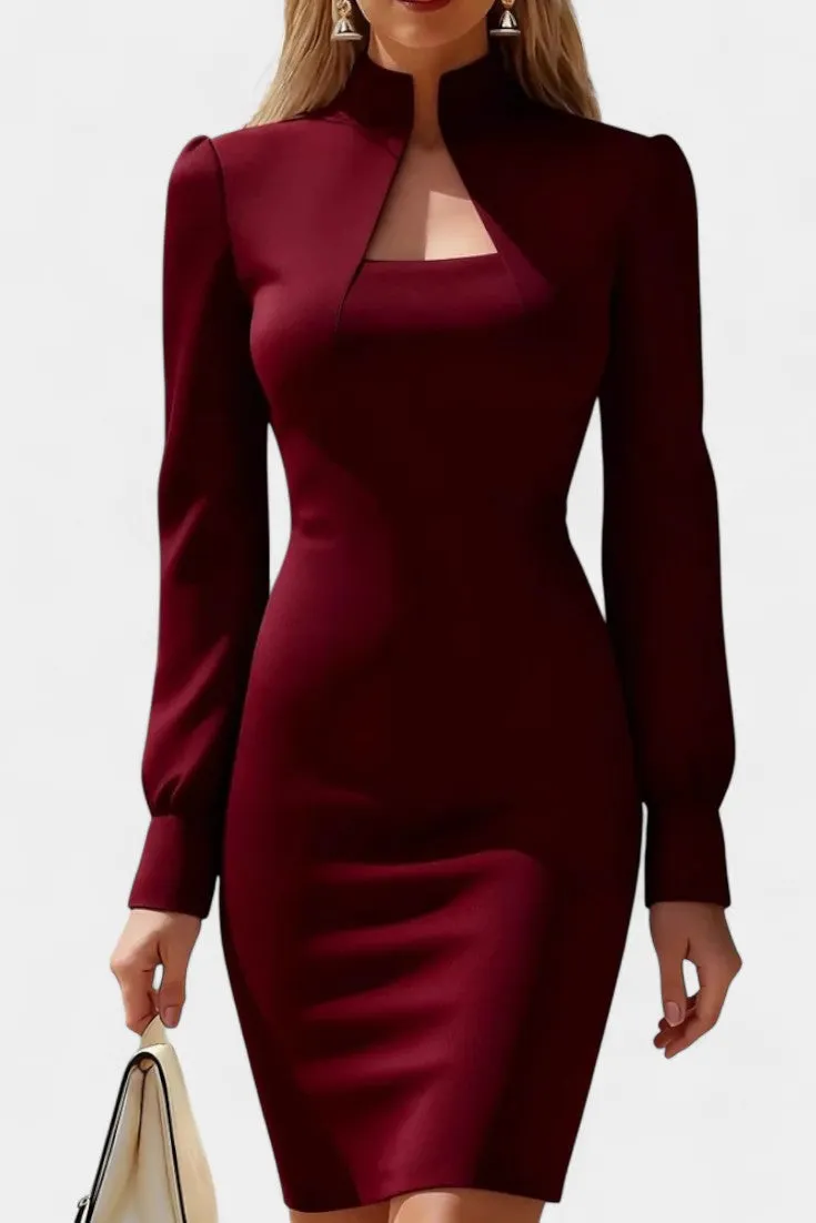 High Neck Cutout Mini Dress with Puffed Sleeves