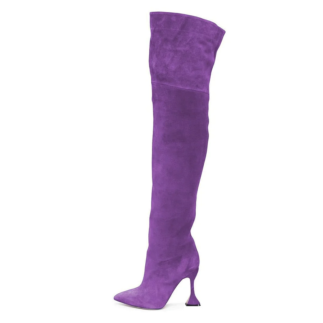YDN Simple Purple Flared Heel Over The Knee Pointed Toe Boots