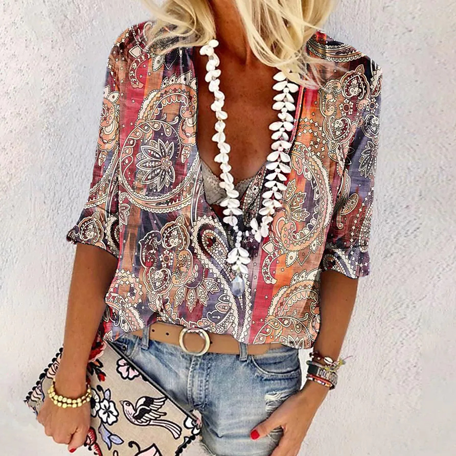 Women's V-Neck Printed Panel Casual Resort Blouses & Shirts