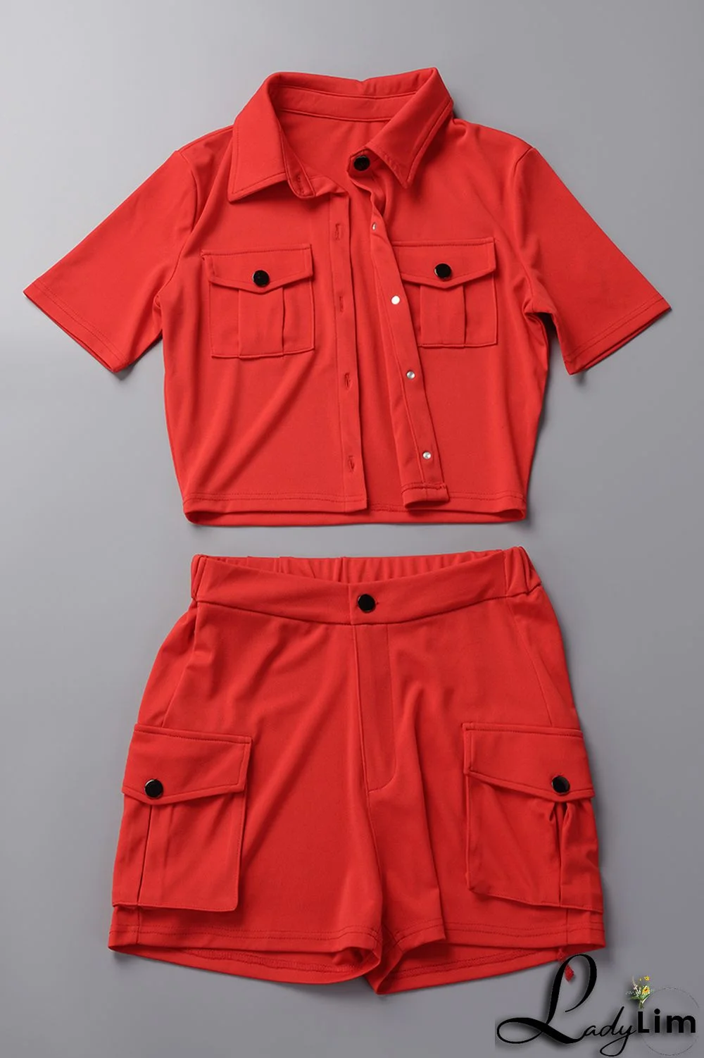 Red Casual Solid Patchwork Turndown Collar Short Sleeve Two Pieces