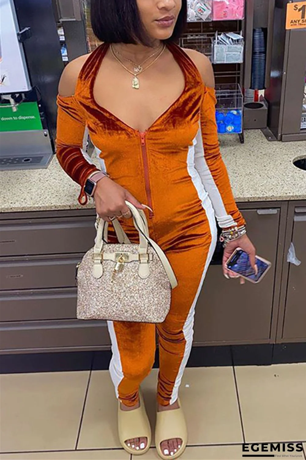 Orange Fashion Sexy Patchwork Patchwork Halter Skinny Jumpsuits | EGEMISS