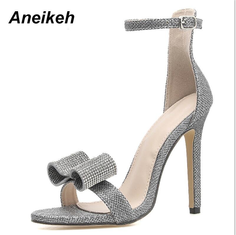 Aneikeh 2021 Summer Rhinestone Sandals Silvery Butterfly-knot Women Fashion High Heels Ankle Buckles Ladies Sandals Party Shoes