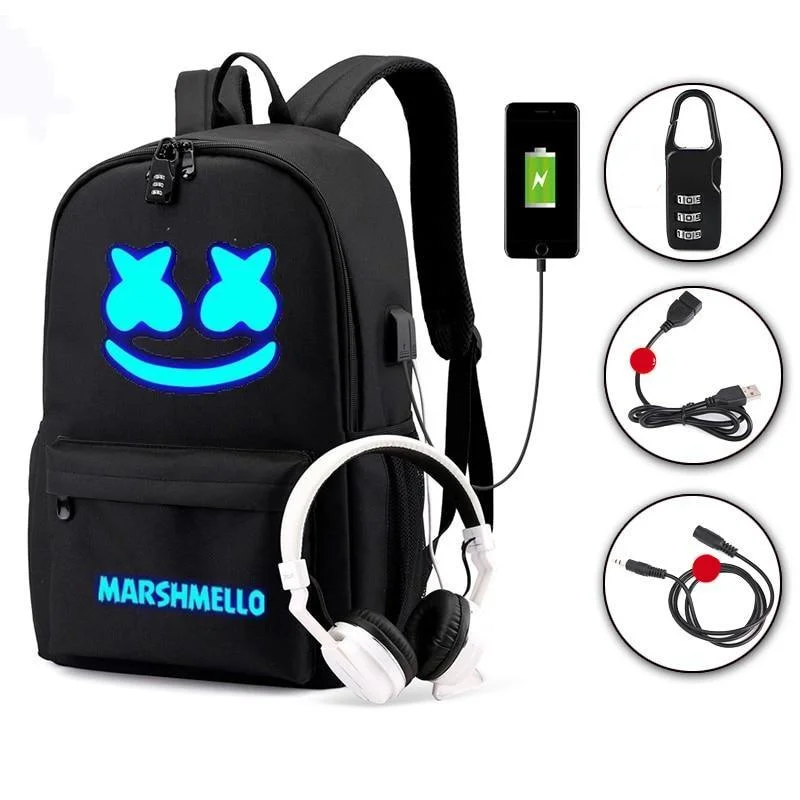 DJ Marshmello Luminous Backpack Multifunctional USB Charging Anti-theft Bag