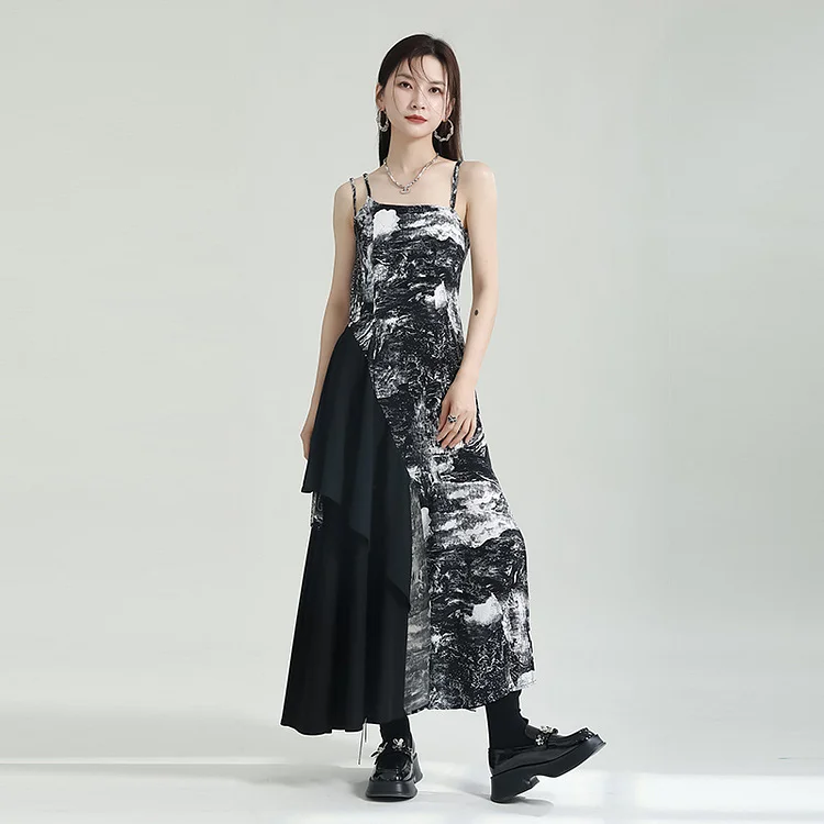 Niche Design Splicing Printed Suspender Maxi Dress - yankia