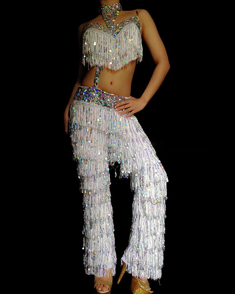 Sequin Waist Silver Sequin Tassel Pants Set