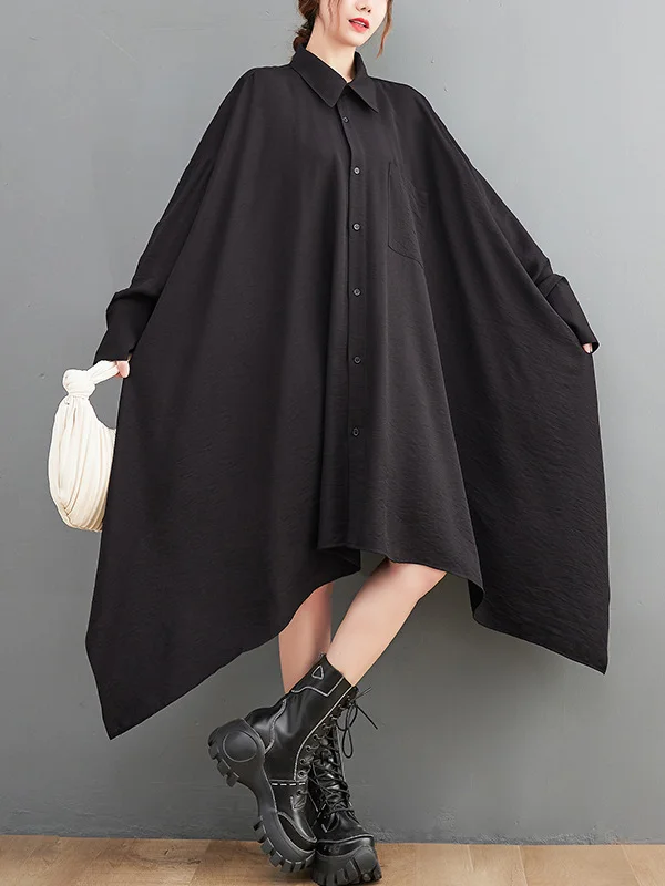 Solid Color Pockets Buttoned Asymmetric Loose Long Sleeves Lapel Shirt Dress Midi Dresses