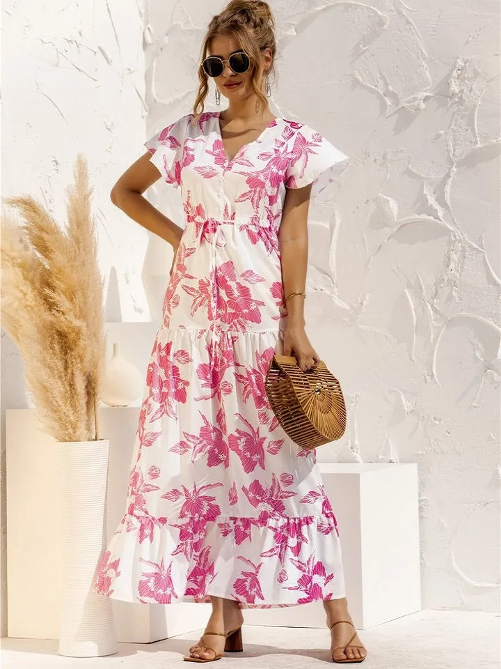 V-neck Flower Print Lace Button Dress