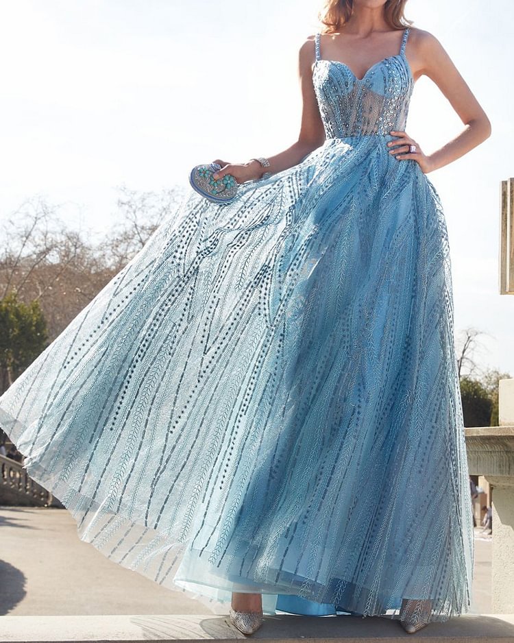 Sequin mesh sling maxi Prom Dress