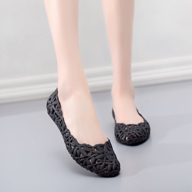 Women Summer Hollow Out Jelly Sandals Breath Flats Ladies Flower Cover Heels Ladies Casual Shoes Soft Comfort Footwear