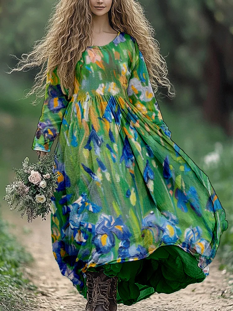 Utbros Classy Irises Art Painting Pattern Linen Blend Maxi Dress