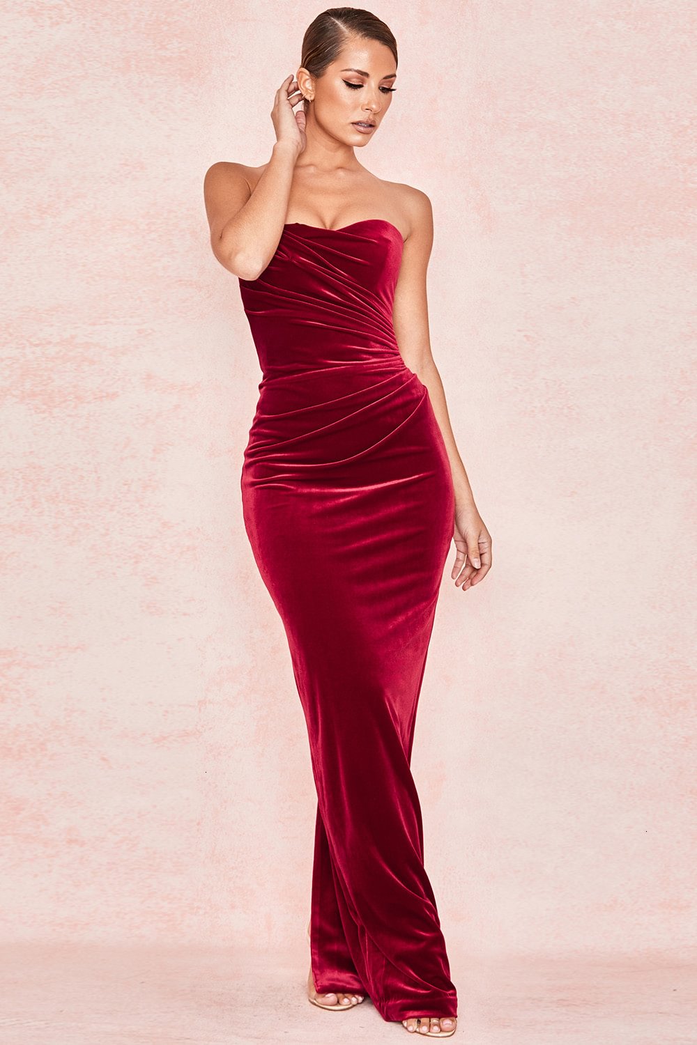 Beautiful Strapless Long Velvet Red Prom Dress